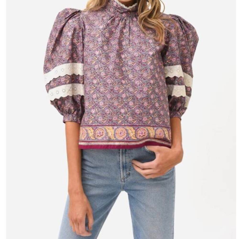 Hunter Bell Molly Blouse Puff Sleeve Printed Poplin Cotton Size Large - Picture 3 of 10